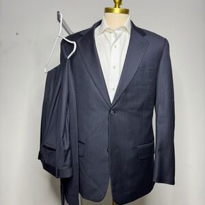 Roundtree Yorke Gold Label Tailored Mens Pinstripe Wool Silk Blend Suit 41L 34W